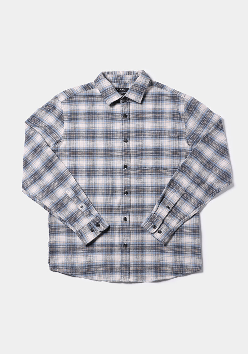 Regular Fit Shirt Neck Ekoseli Erkek Mavi Uzun Kol Gömlek