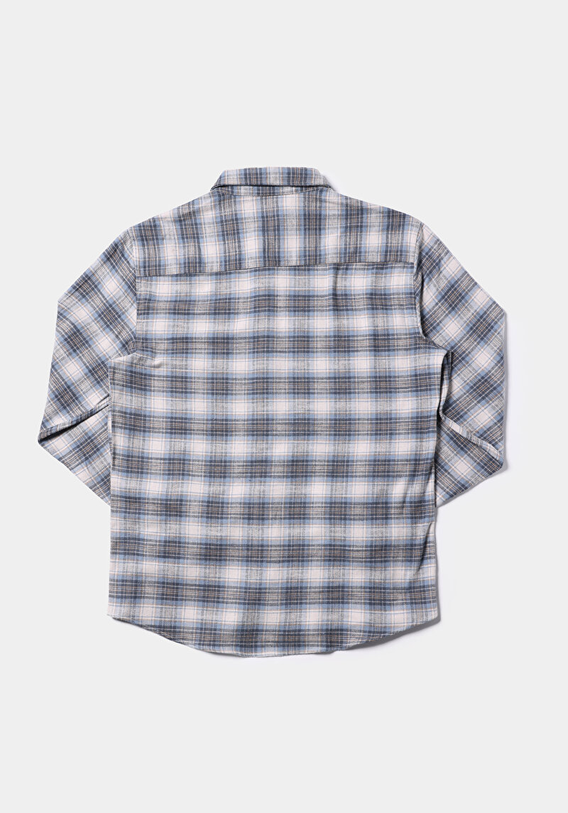 Regular Fit Shirt Neck Ekoseli Erkek Mavi Uzun Kol Gömlek