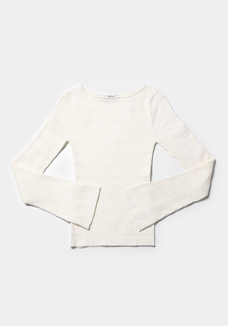 Slim Fit Kayık Yaka Düz Kadın Beyaz Kazak