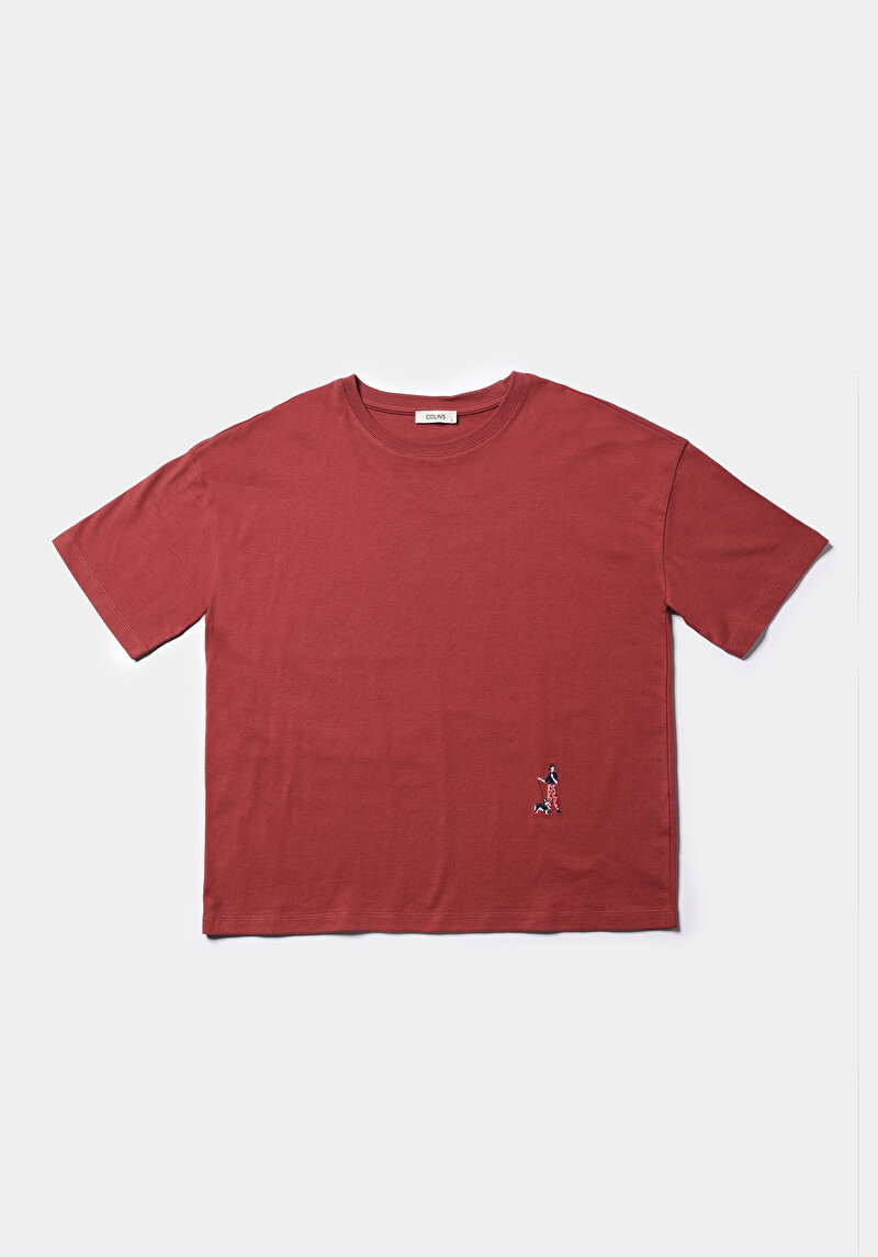 Regular Fit Yuvarlak Yaka Nakışlı Kadın Turuncu Kısa Kol Tişört