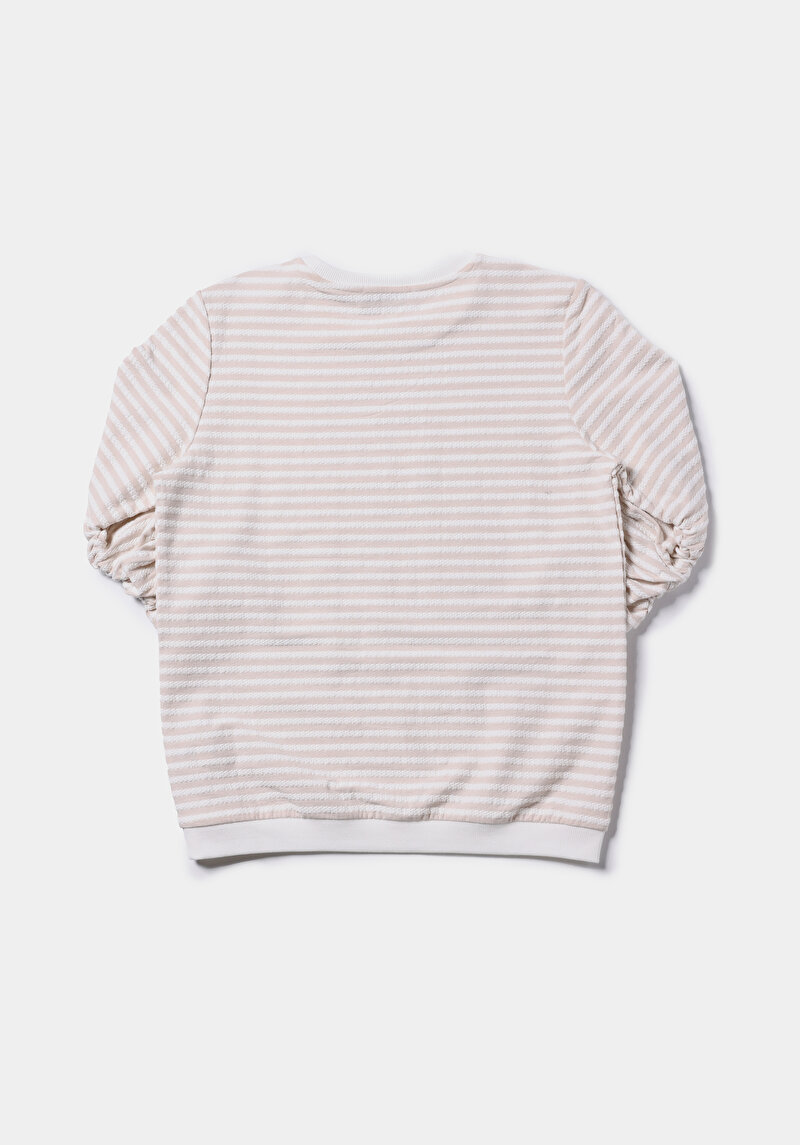 Regular Fit Yuvarlak Yaka Çizgili Kadın Bej ¾ Kol Tişört