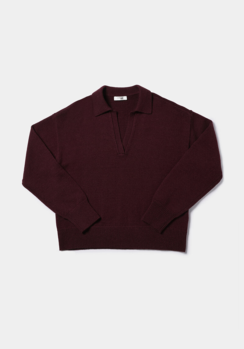 Regular Fit Polo Yaka Düz Kadın Mor Kazak