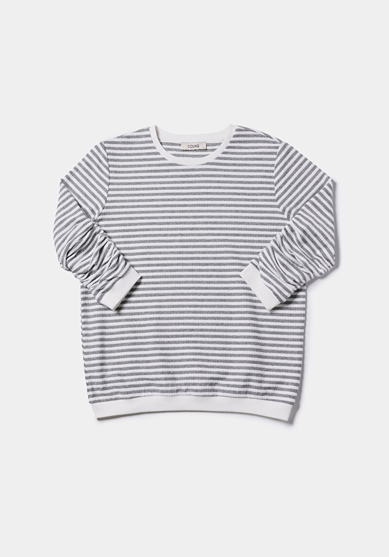 Regular Fit Yuvarlak Yaka Çizgili Kadın Beyaz ¾ Kol Tişört