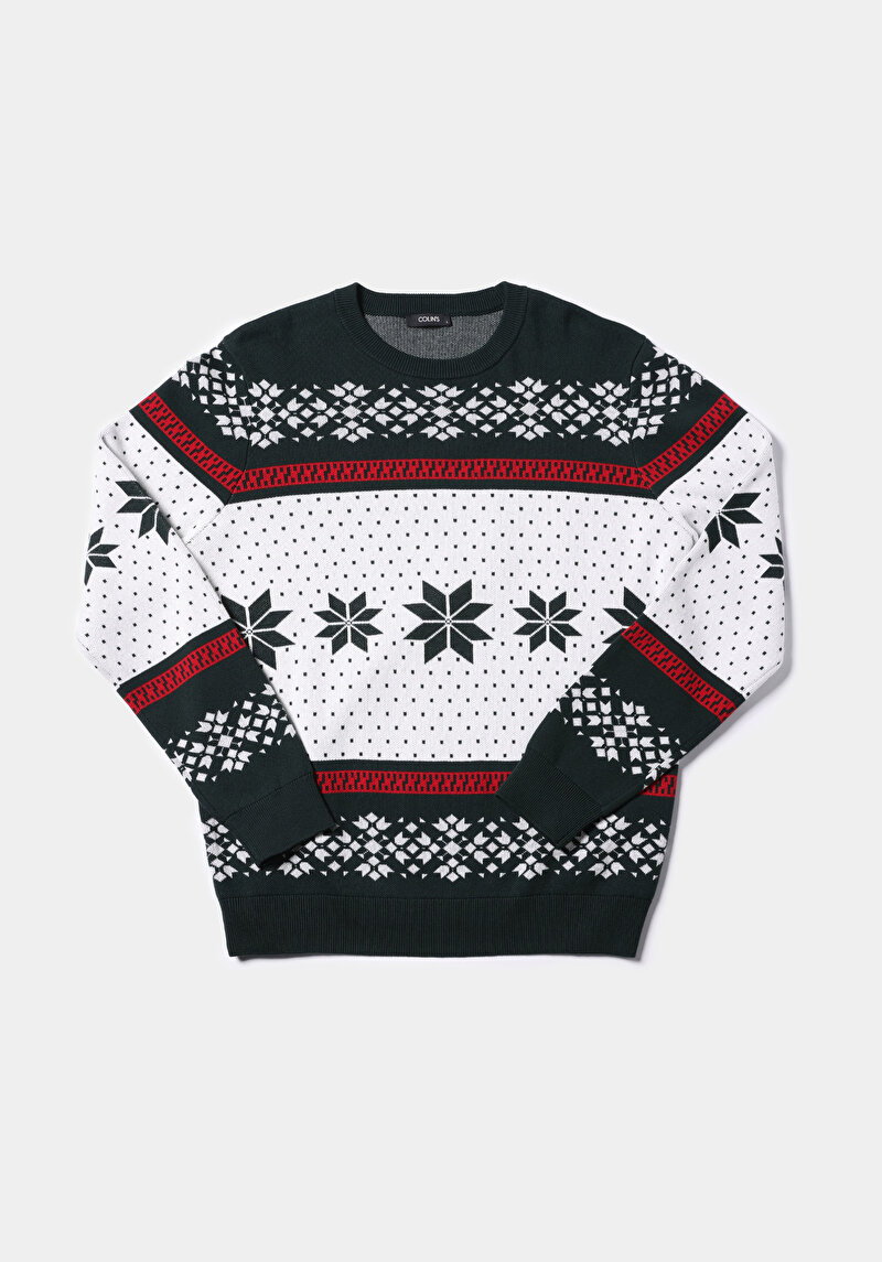 Regular Fit Yuvarlak Yaka Jakarlı Erkek Yeşil Kazak