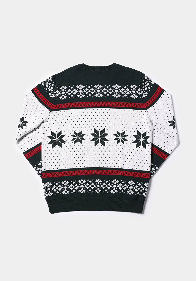 Regular Fit Yuvarlak Yaka Jakarlı Erkek Yeşil Kazak