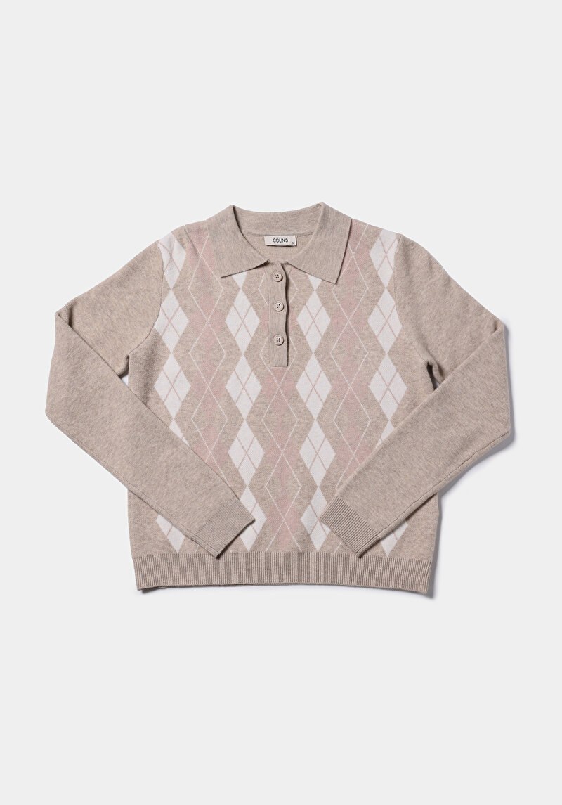 Regular Fit Polo Yaka Baskılı Kadın Bej Kazak