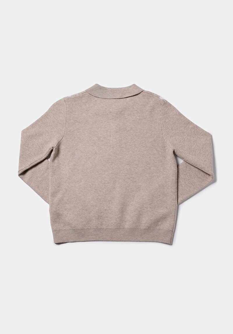 Regular Fit Polo Yaka Baskılı Kadın Bej Kazak