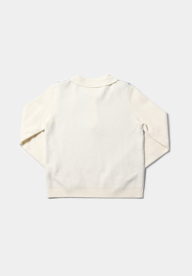Regular Fit Polo Yaka Baskılı Kadın Beyaz Kazak