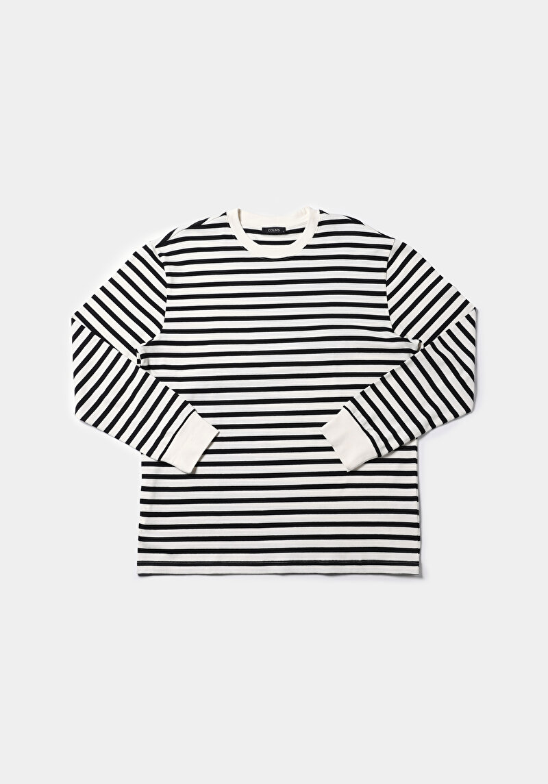 Comfort Fit Yuvarlak Yaka Çizgili Erkek Siyah Uzun Kol Tişört