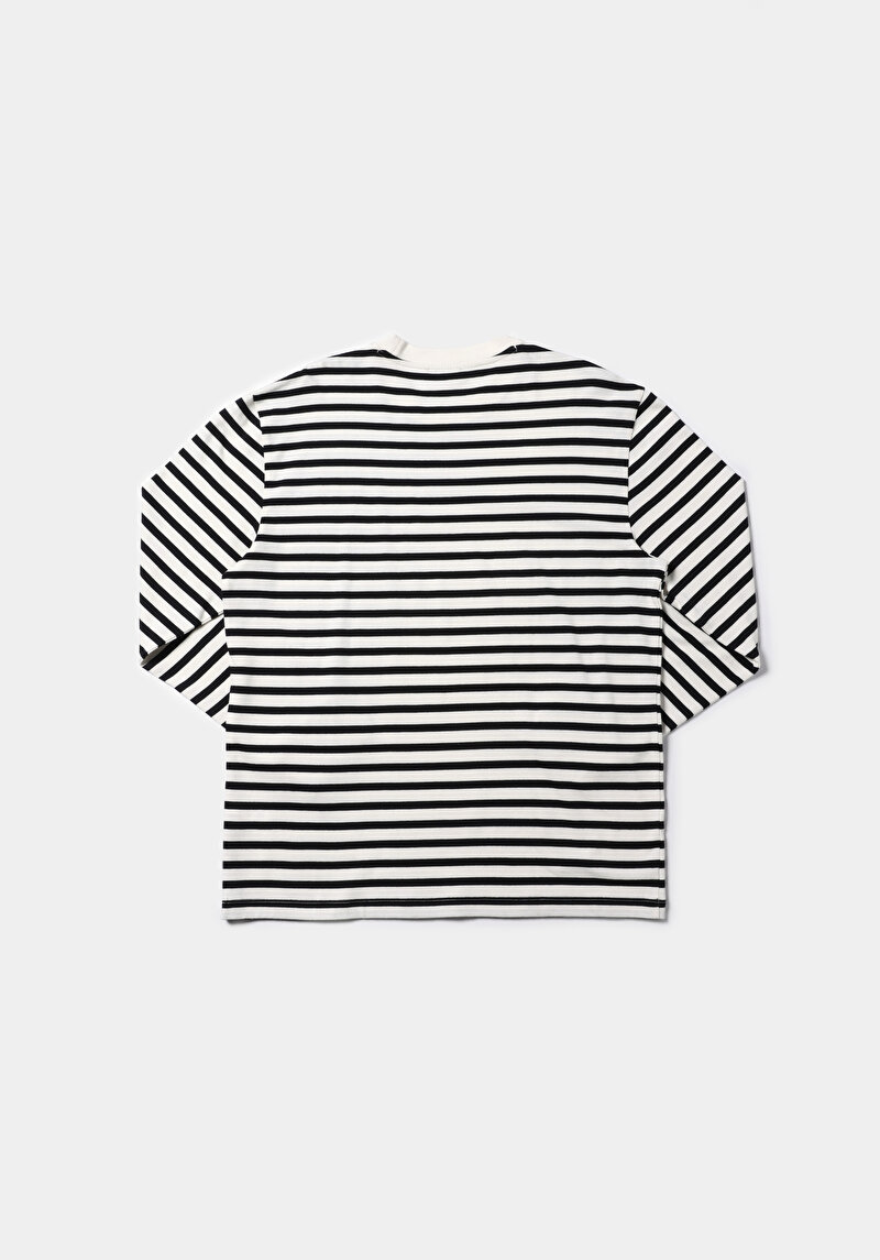 Comfort Fit Yuvarlak Yaka Çizgili Erkek Siyah Uzun Kol Tişört