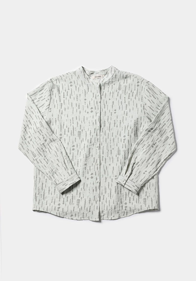 Regular Fit Hakim Yaka Baskılı Kadın Yeşil Uzun Kol Gömlek