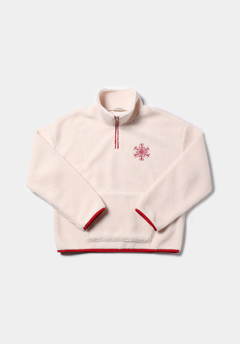 Regular Fit Fermuarlı Nakışlı Kadın Ekru Sweatshirt