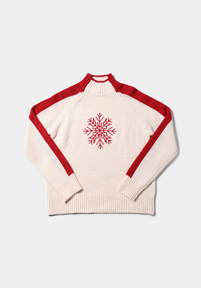 Regular Fit Dik Yaka Nakışlı Kadın Ekru Kazak