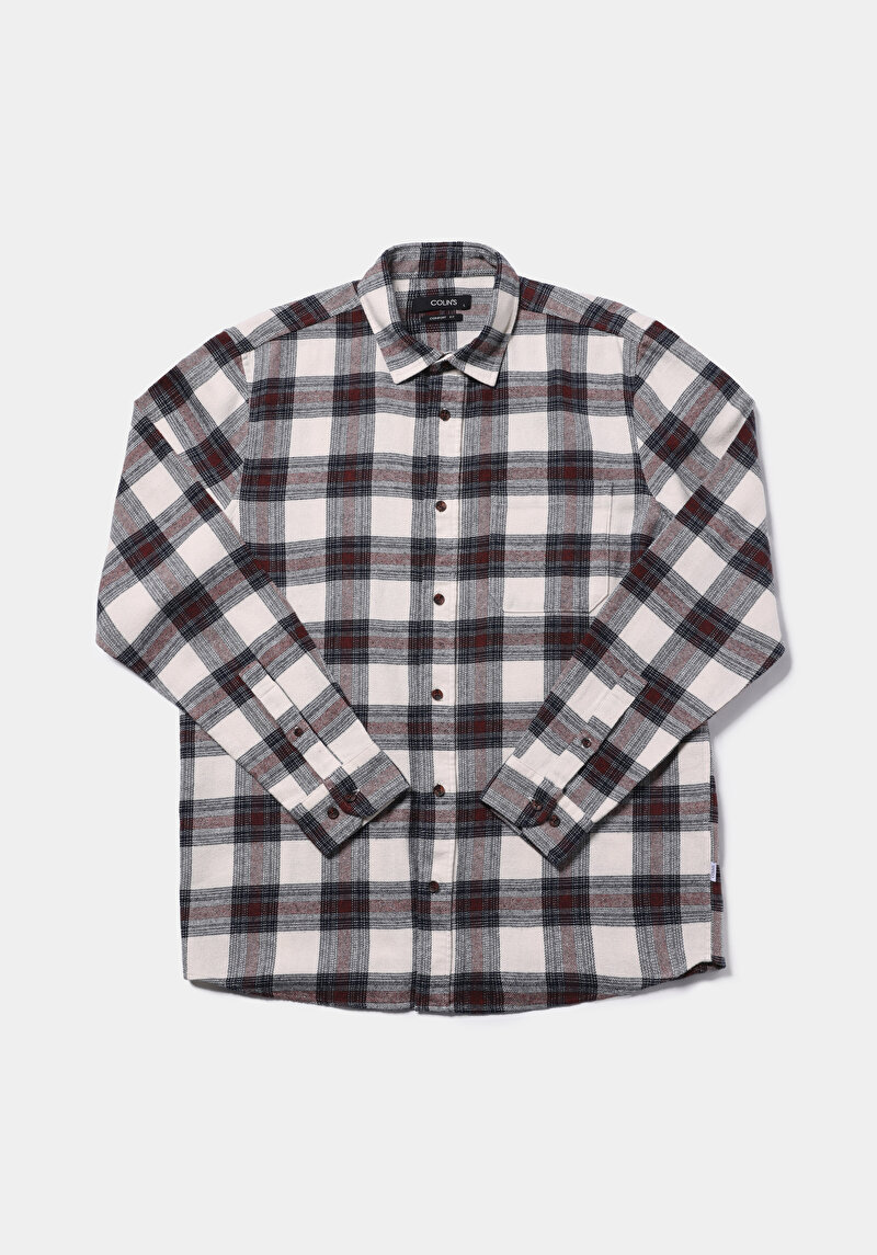 Comfort Fit Shirt Neck Ekoseli Erkek Bordo Uzun Kol Gömlek