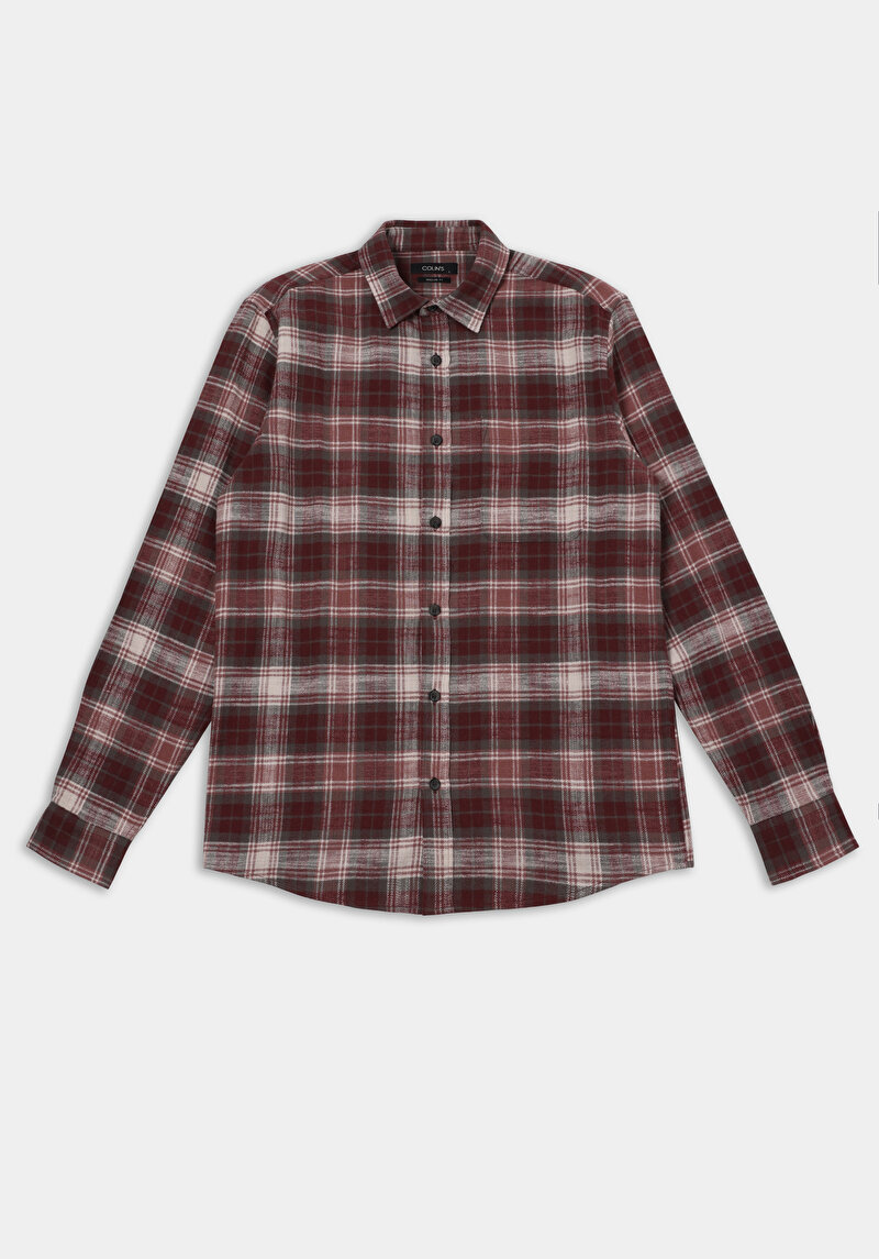 Regular Fit Shirt Neck Ekoseli Erkek Bordo Uzun Kol Gömlek