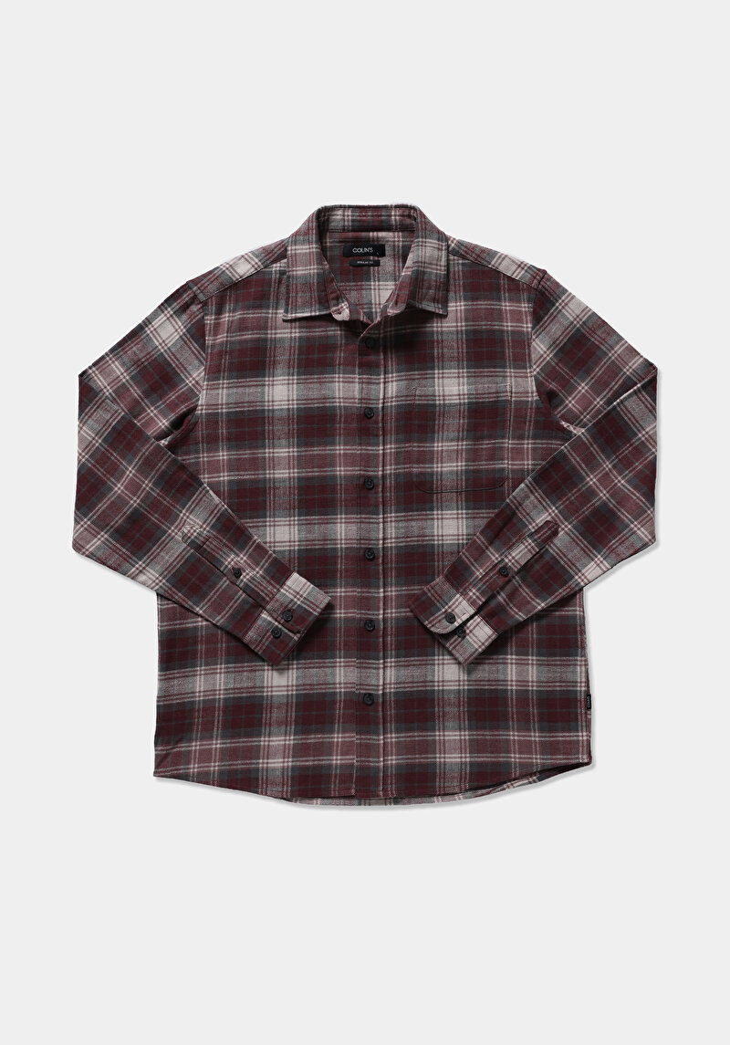 Regular Fit Shirt Neck Ekoseli Erkek Bordo Uzun Kol Gömlek