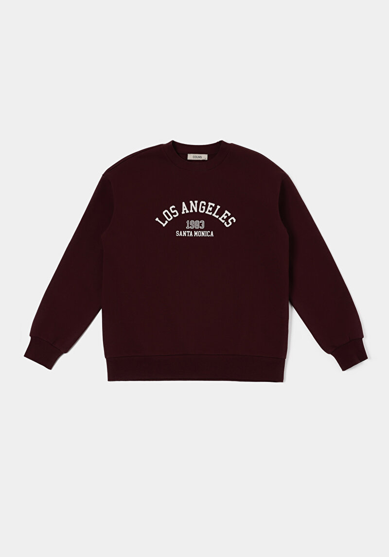 Regular Fit Yuvarlak Yaka Baskılı Kadın Bordo Sweatshirt