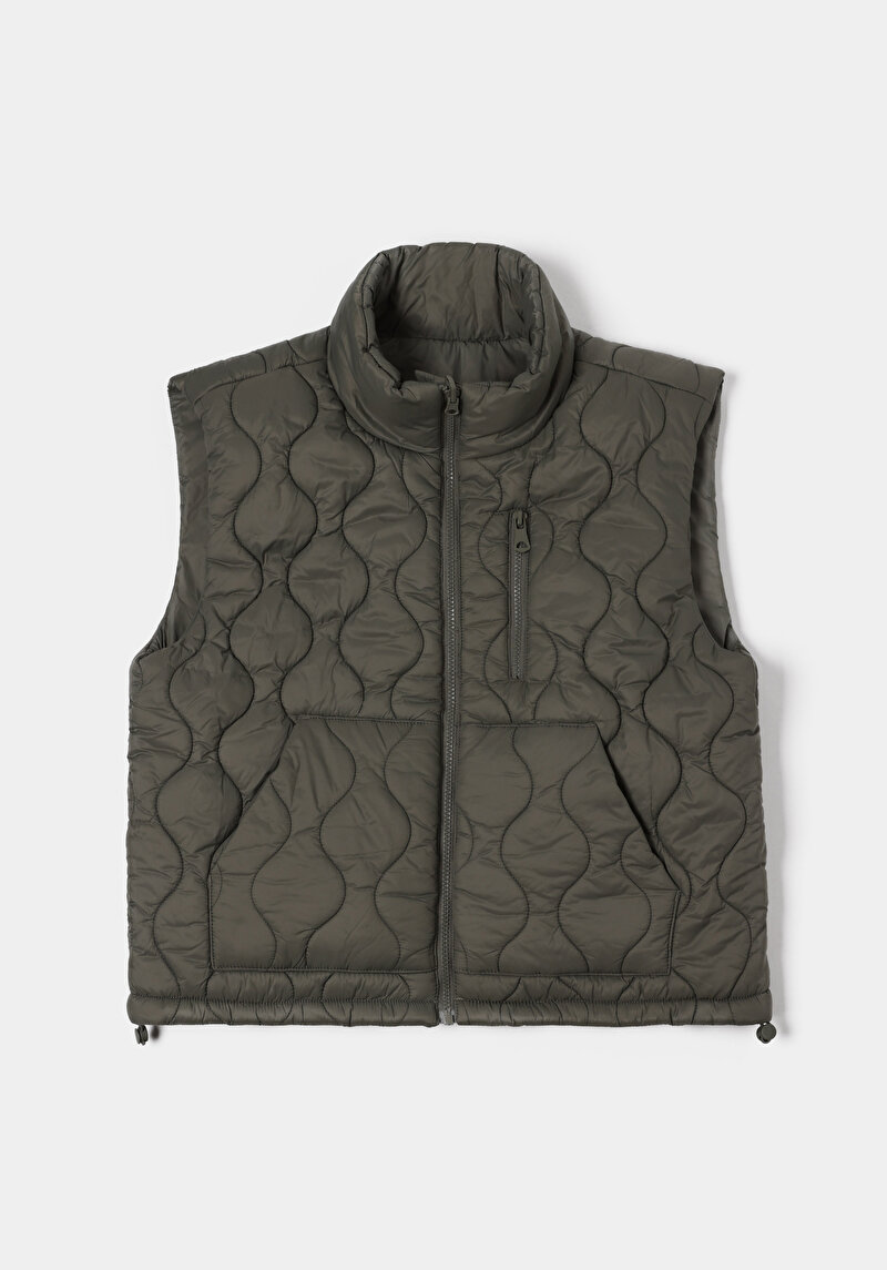 Regular Fit Dik Yaka Fermuarlı Astarlı Çift Yönlü Kadın Yeşil Yelek