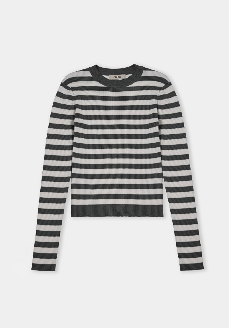 Slim Fit Yuvarlak Yaka Çizgili Kadın Yeşil Kazak