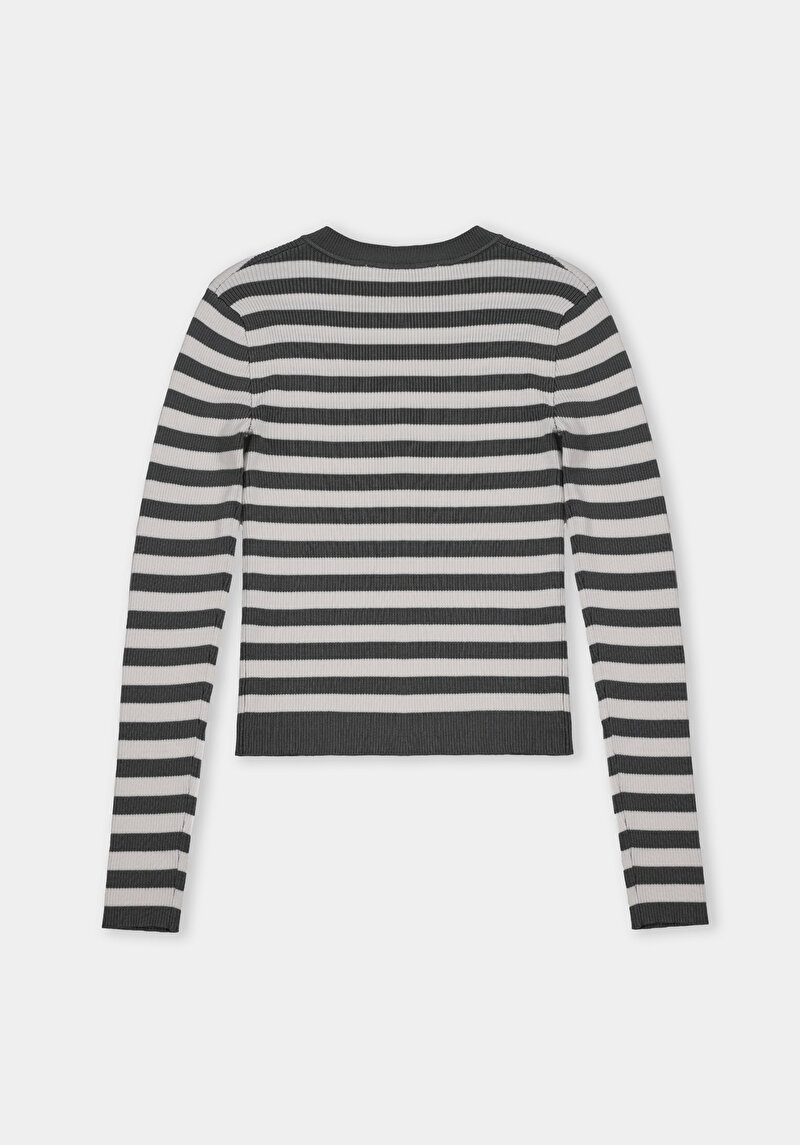 Slim Fit Yuvarlak Yaka Çizgili Kadın Yeşil Kazak