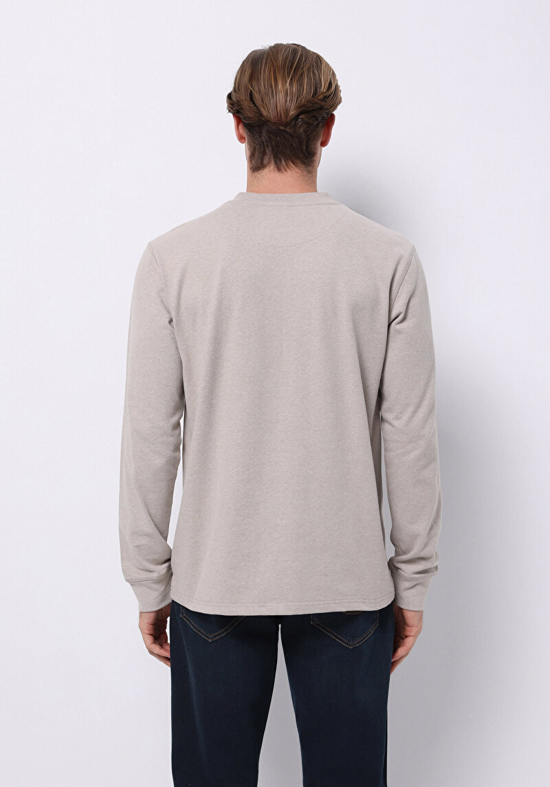 Slim Fit Düğmeli Yaka Düz Erkek Bej Uzun Kol Tişört