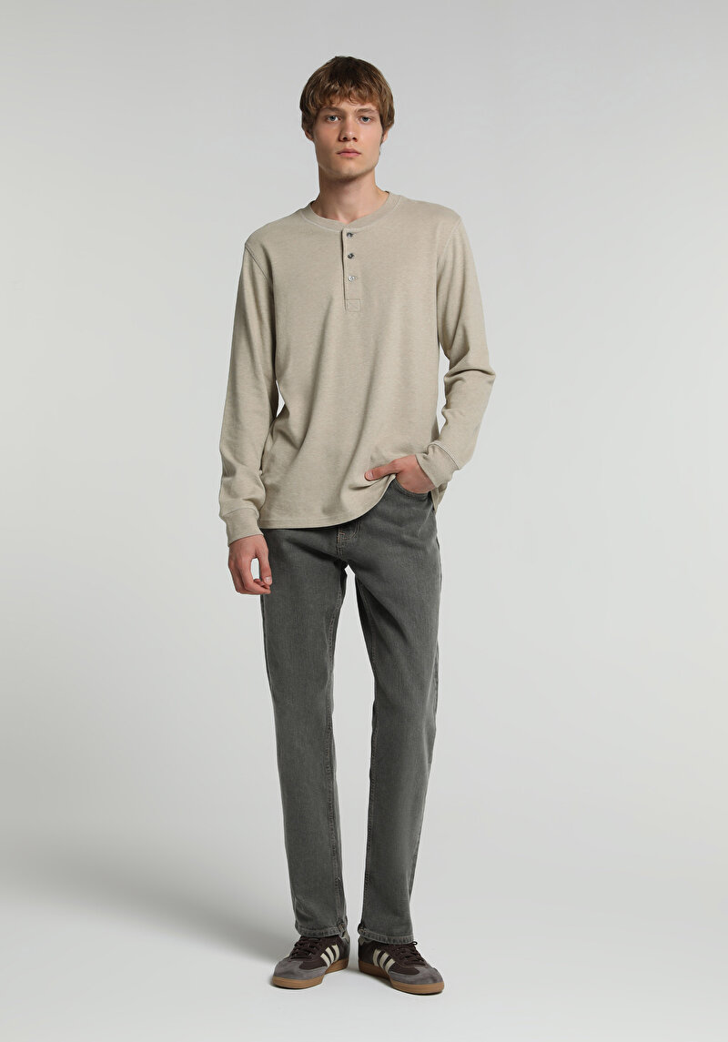 Slim Fit Düğmeli Yaka Düz Erkek Bej Uzun Kol Tişört