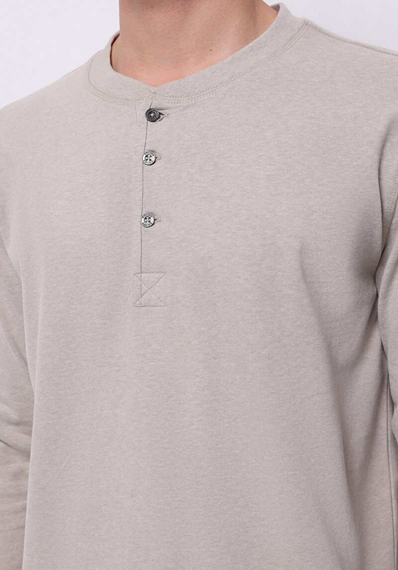 Slim Fit Düğmeli Yaka Düz Erkek Bej Uzun Kol Tişört