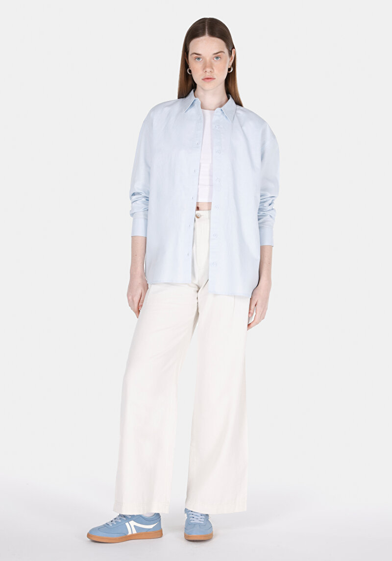 Relax Fit Shirt Neck Düz Kadın Mavi Uzun Kol Gömlek