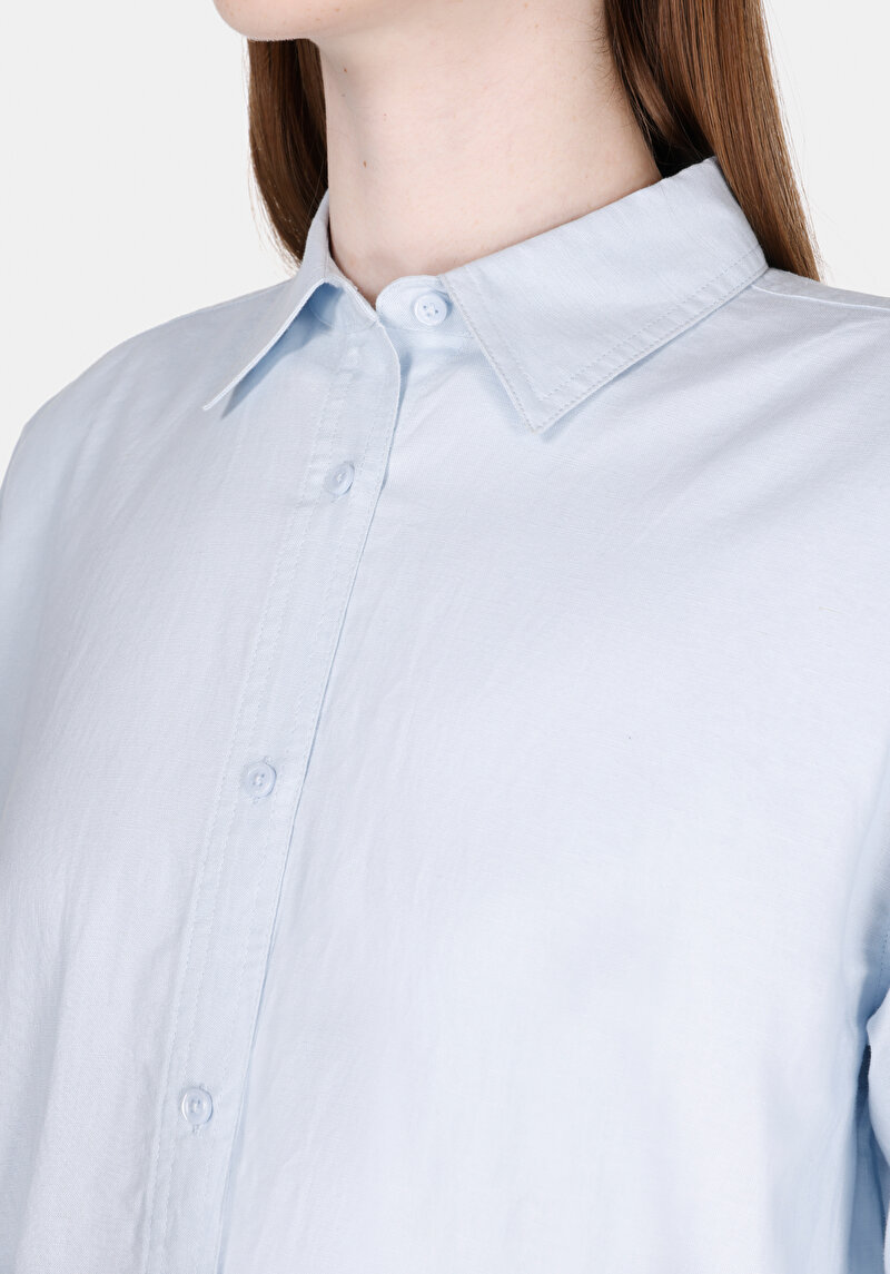 Relax Fit Shirt Neck Düz Kadın Mavi Uzun Kol Gömlek