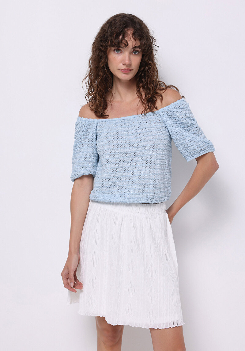 Regular Fit Kare Yaka Jakarlı Kadın Mavi Balon Kol Tişört