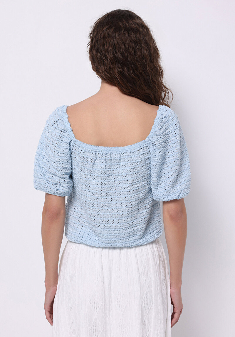 Regular Fit Kare Yaka Jakarlı Kadın Mavi Balon Kol Tişört