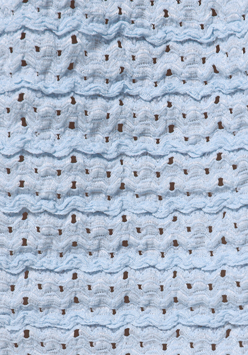 Regular Fit Kare Yaka Jakarlı Kadın Mavi Balon Kol Tişört