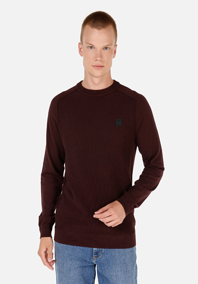 Slim Fit Yuvarlak Yaka Erkek Bordo Kazak