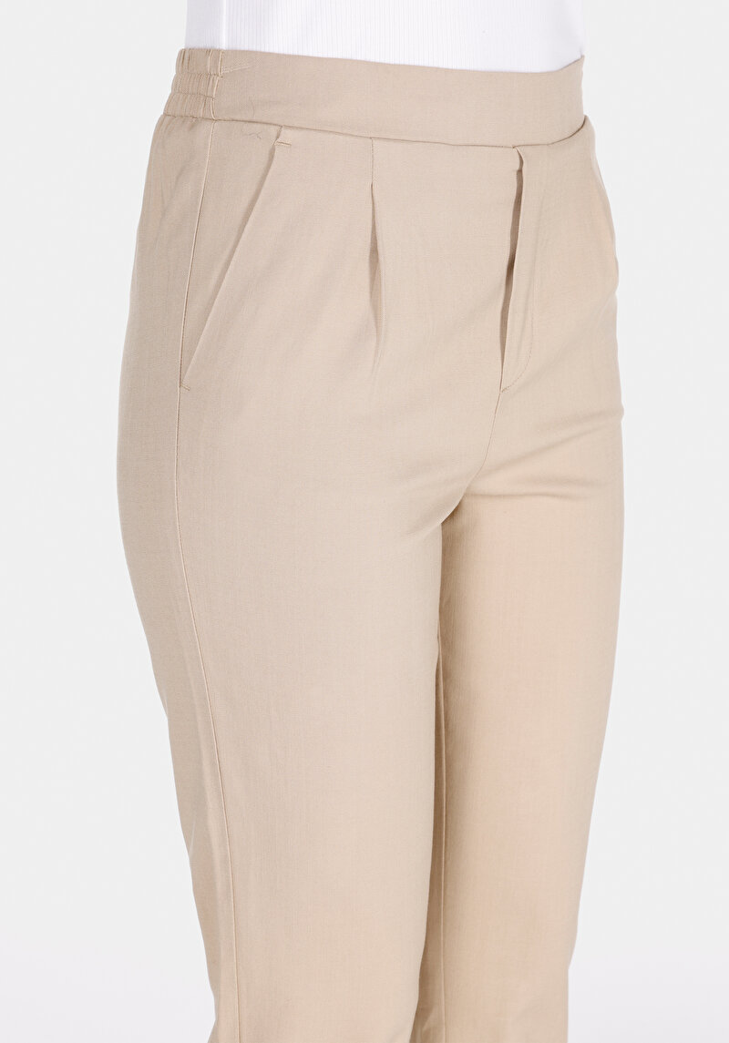 Regular Fit Yüksel Bel Düz Paça Kadın Vizon  Pantolon