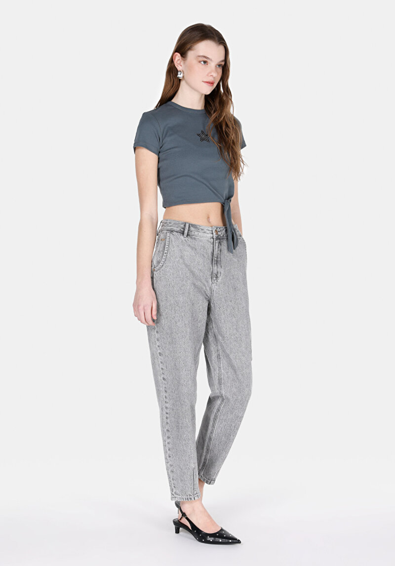 Slim Fit Kadın Antrasit Kısa Kol Tişört