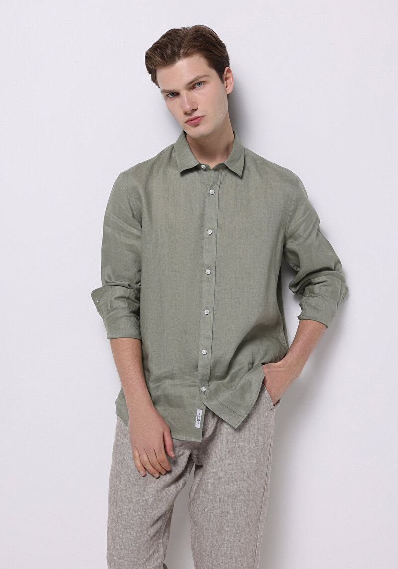 Regular Fit Shirt Neck Düz Erkek Yeşil Uzun Kol Gömlek