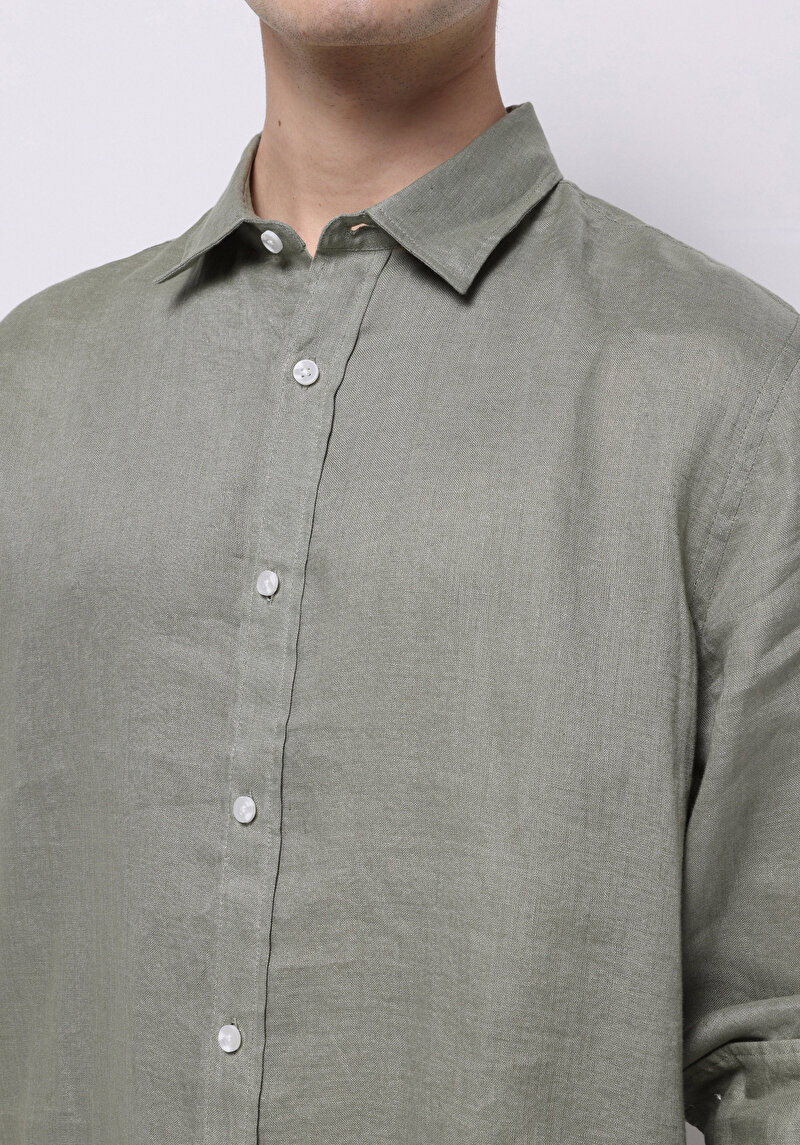 Regular Fit Shirt Neck Düz Erkek Yeşil Uzun Kol Gömlek