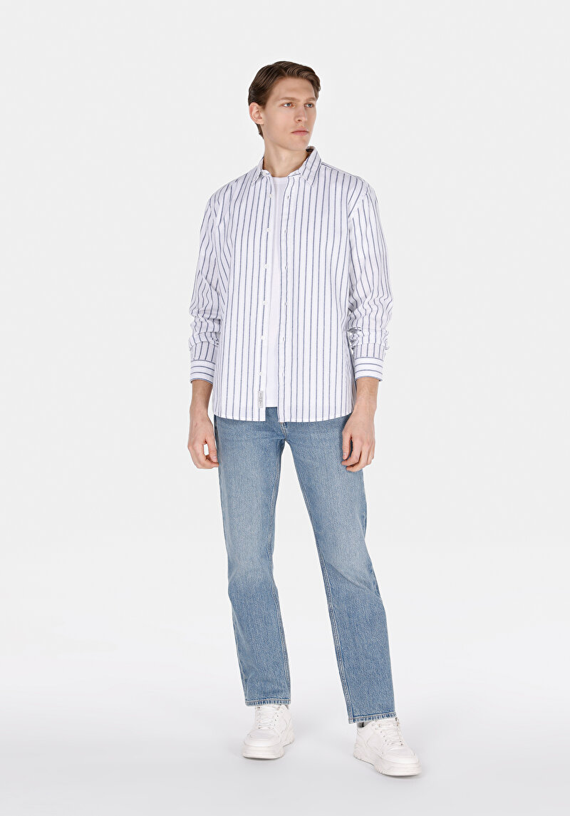 Regular Fit Shirt Neck Çizgili Erkek Lacivert Uzun Kol Gömlek