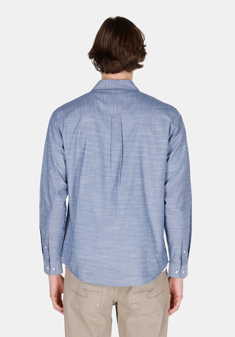 Regular Fit Shirt Neck Düz Erkek Mavi Uzun Kol Gömlek