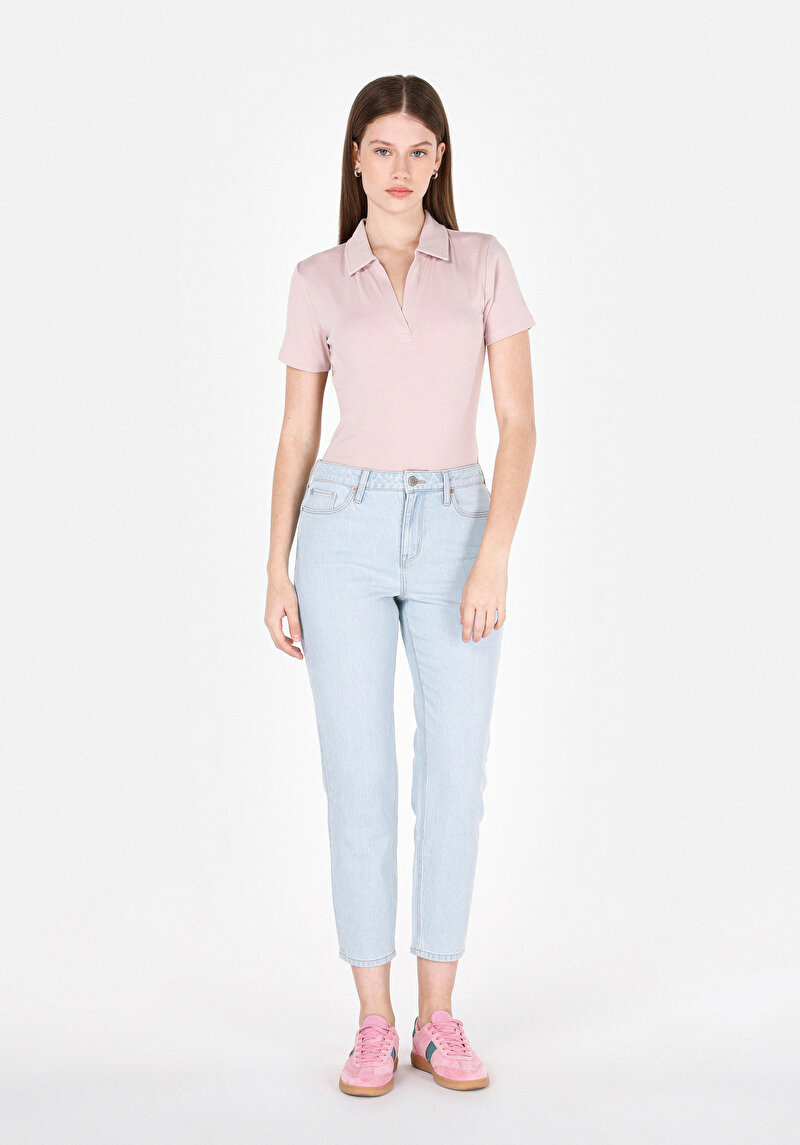 Mom Fit Kadın Bleach İndigo Denim Jean Pantolon