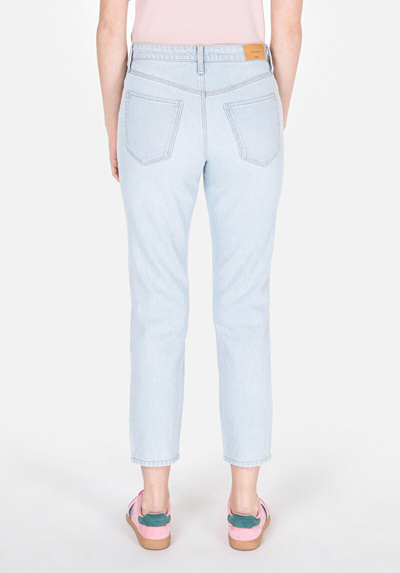 Mom Fit   Kadın Bleach İndigo Denim Jean Pantolon