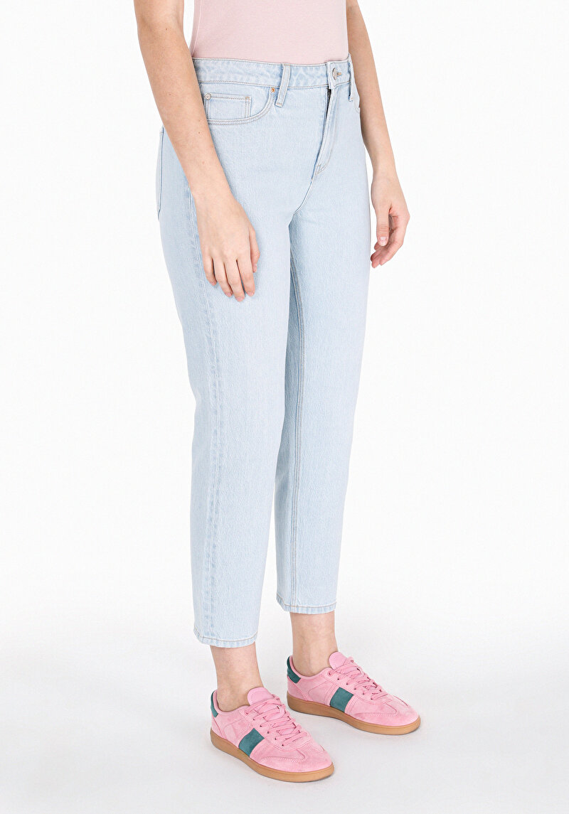 Mom Fit   Kadın Bleach İndigo Denim Jean Pantolon