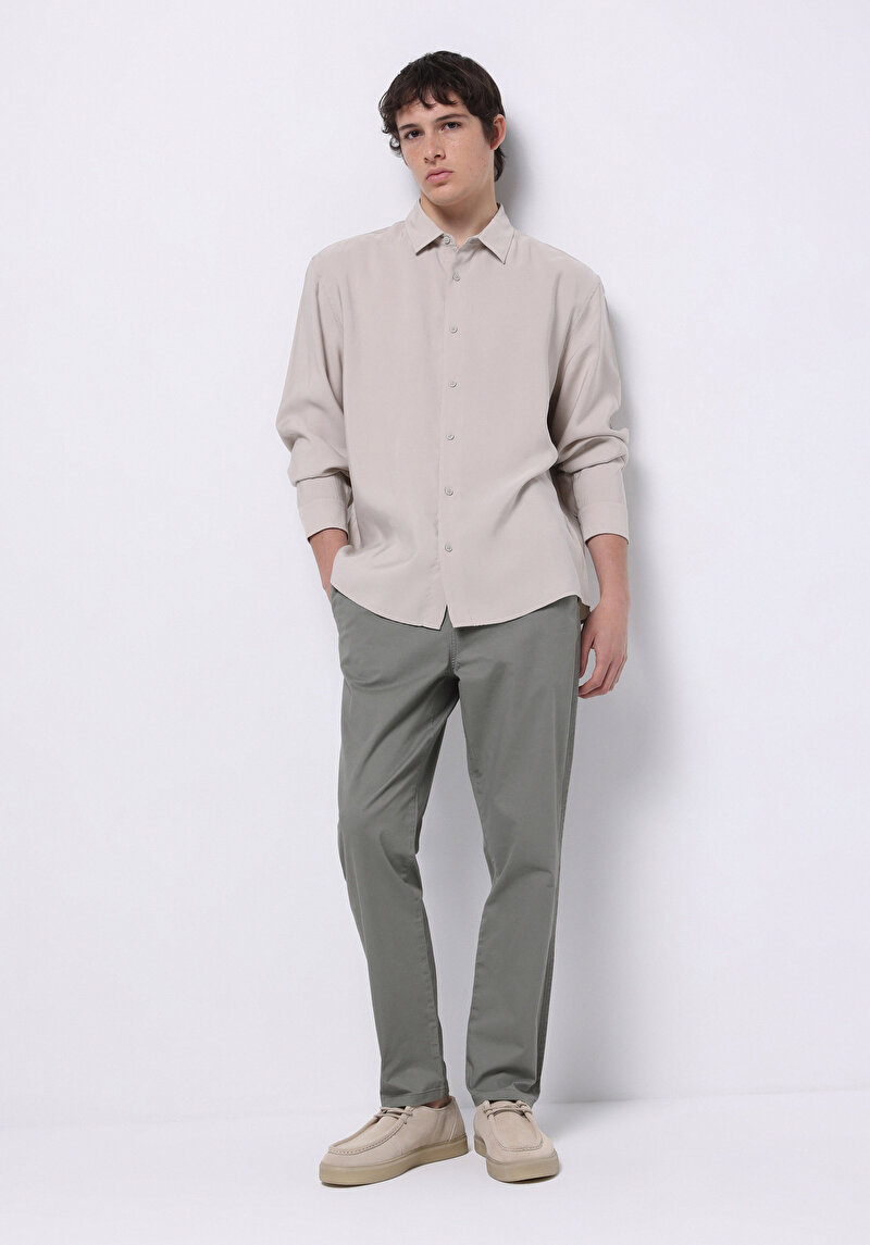 Comfort Fit Shirt Neck Düz Erkek Bej Uzun Kol Gömlek