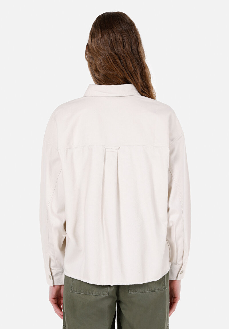 Regular Fit Shirt Neck Düz Kadın Ekru Uzun Kol Gömlek