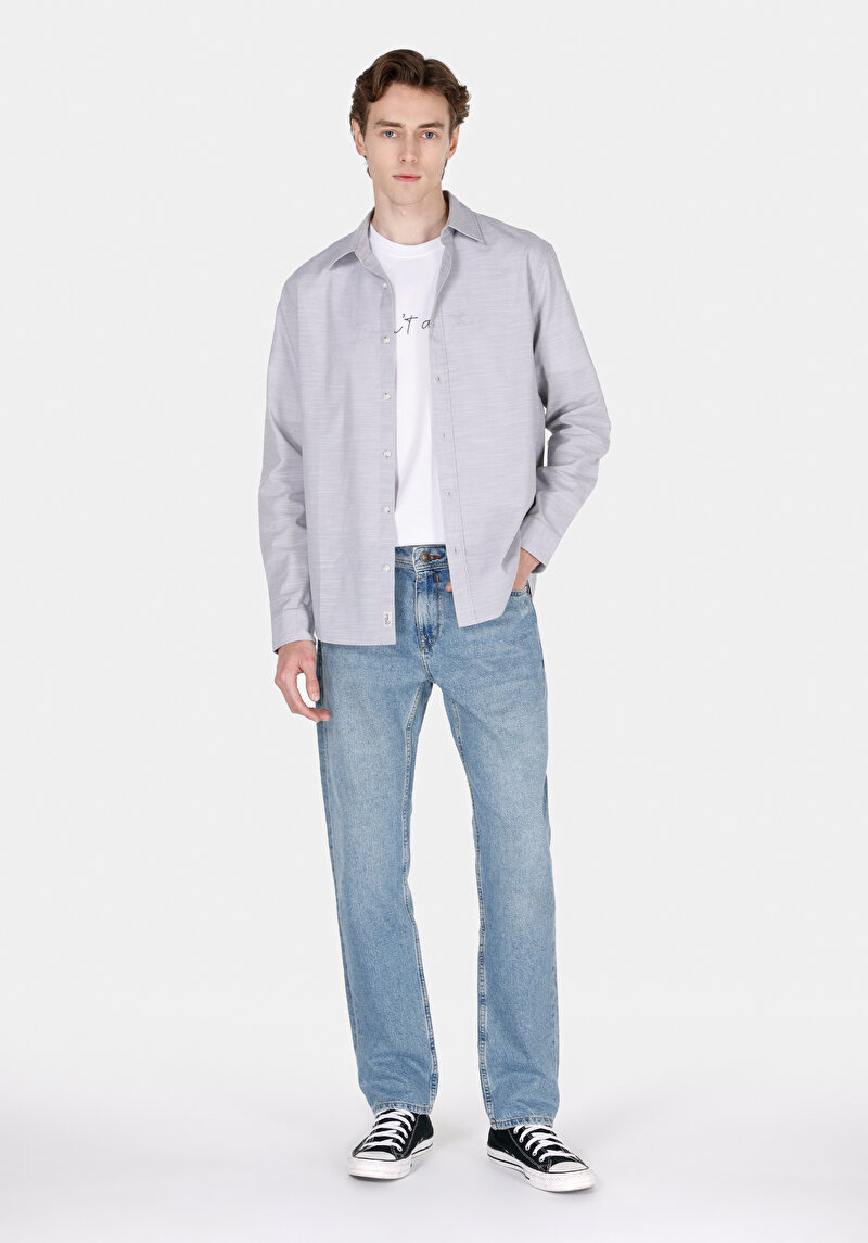 Regular Fit Shirt Neck Düz Erkek Taş Uzun Kol Gömlek