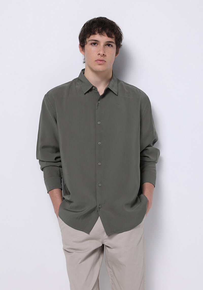 Comfort Fit Shirt Neck Düz Erkek Yeşil Uzun Kol Gömlek