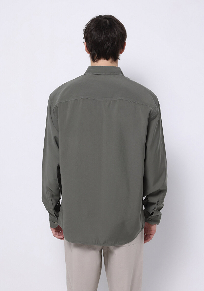 Comfort Fit Shirt Neck Düz Erkek Yeşil Uzun Kol Gömlek