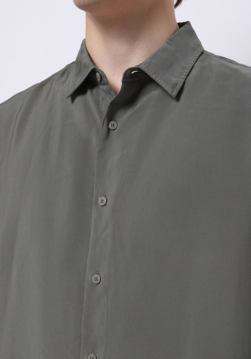 Comfort Fit Shirt Neck Düz Erkek Yeşil Uzun Kol Gömlek