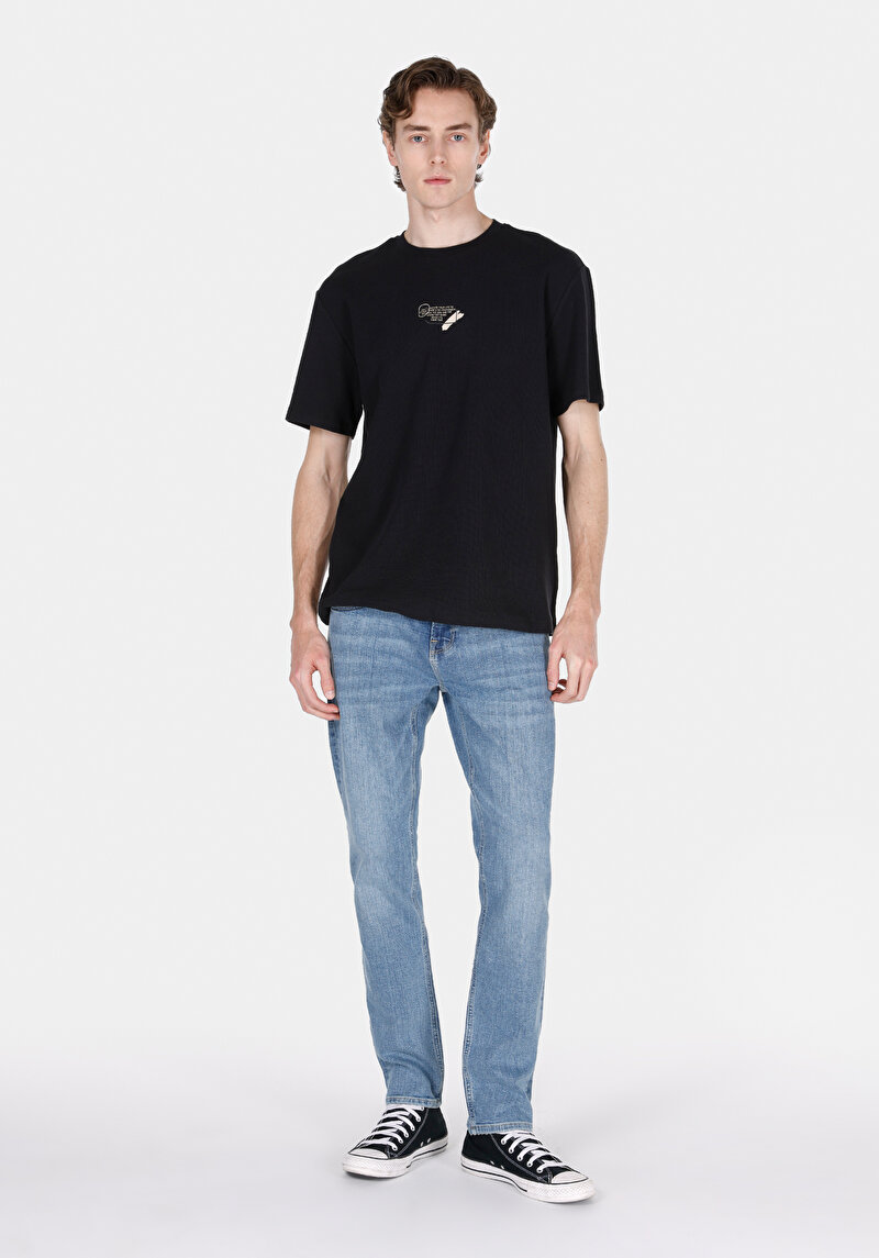 Straight Fit Düşük Bel Düz Paça Erkek Mid İndigo Denim Jean Pantolon