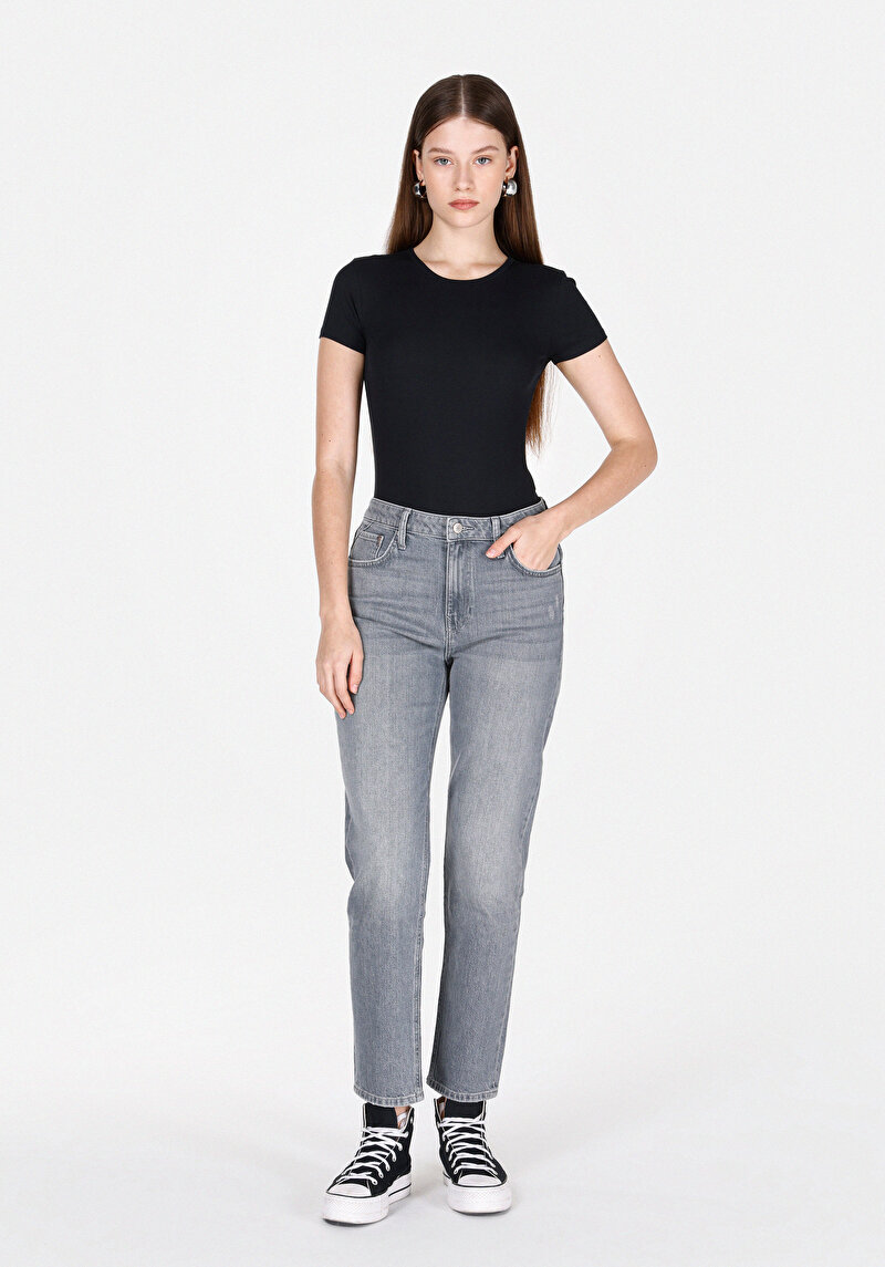 Boyfriend Fit   Kadın Grey Denim Jean Pantolon